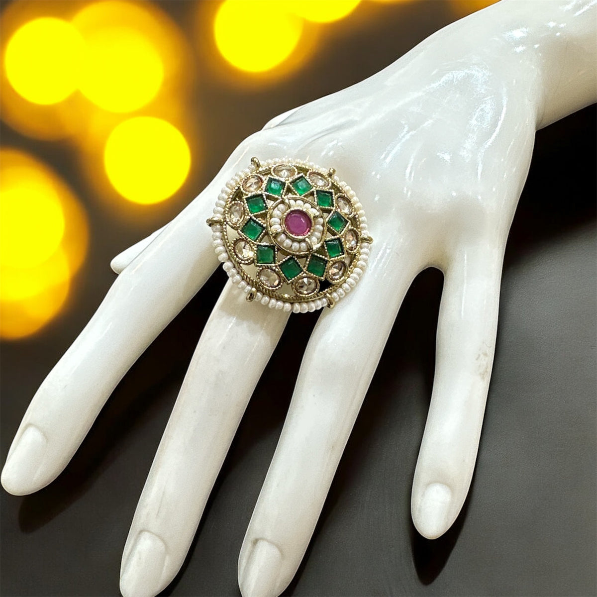 PA720 Gold Polki Stones Ring With Green and Maroon