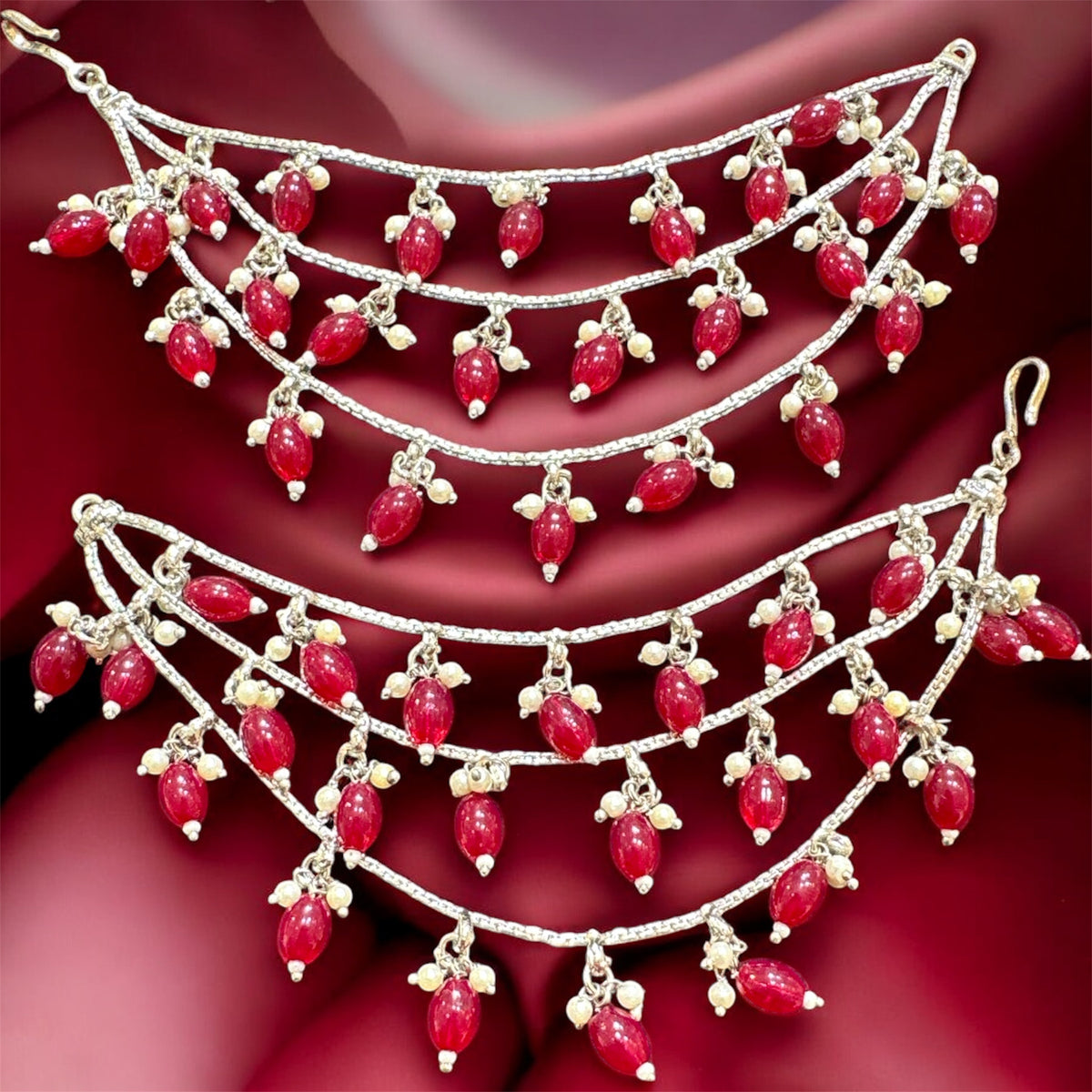 PA058 Silver Three Line Sahara With Maroon Beads