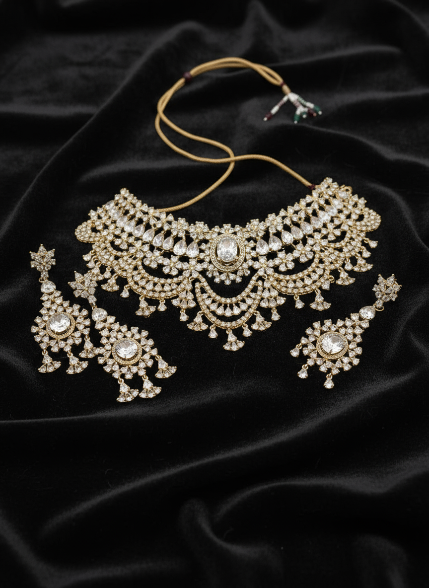 AM300 Yellow Gold necklace set American diamond