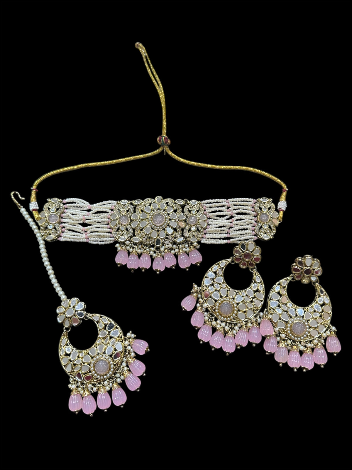 AN660 Pink Choker Set With Mirror Stones