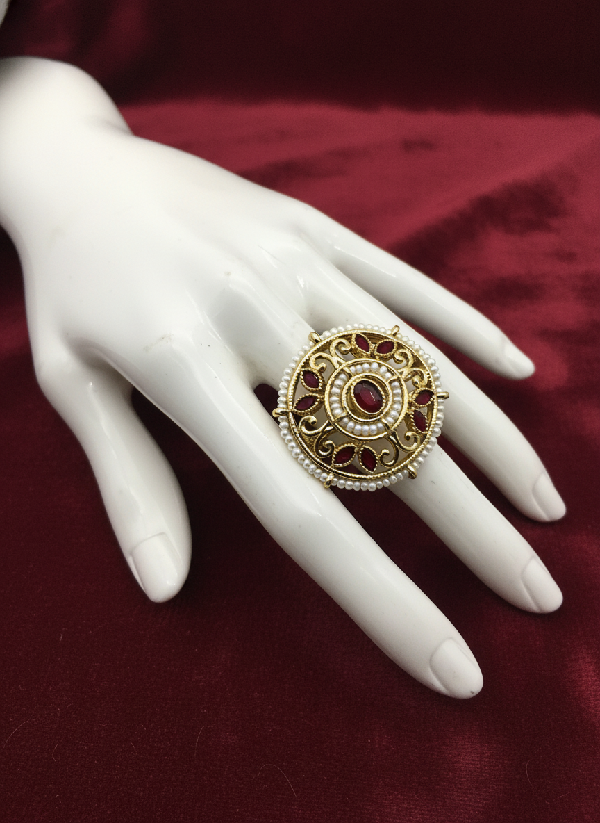 AM802 Gold and Maroon adjustable ring polki