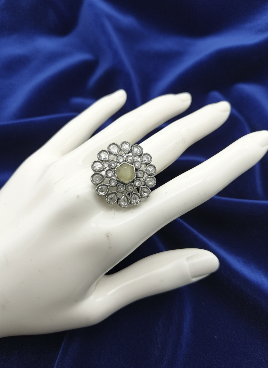 AM807 Silver and Yellow adjustable ring polki