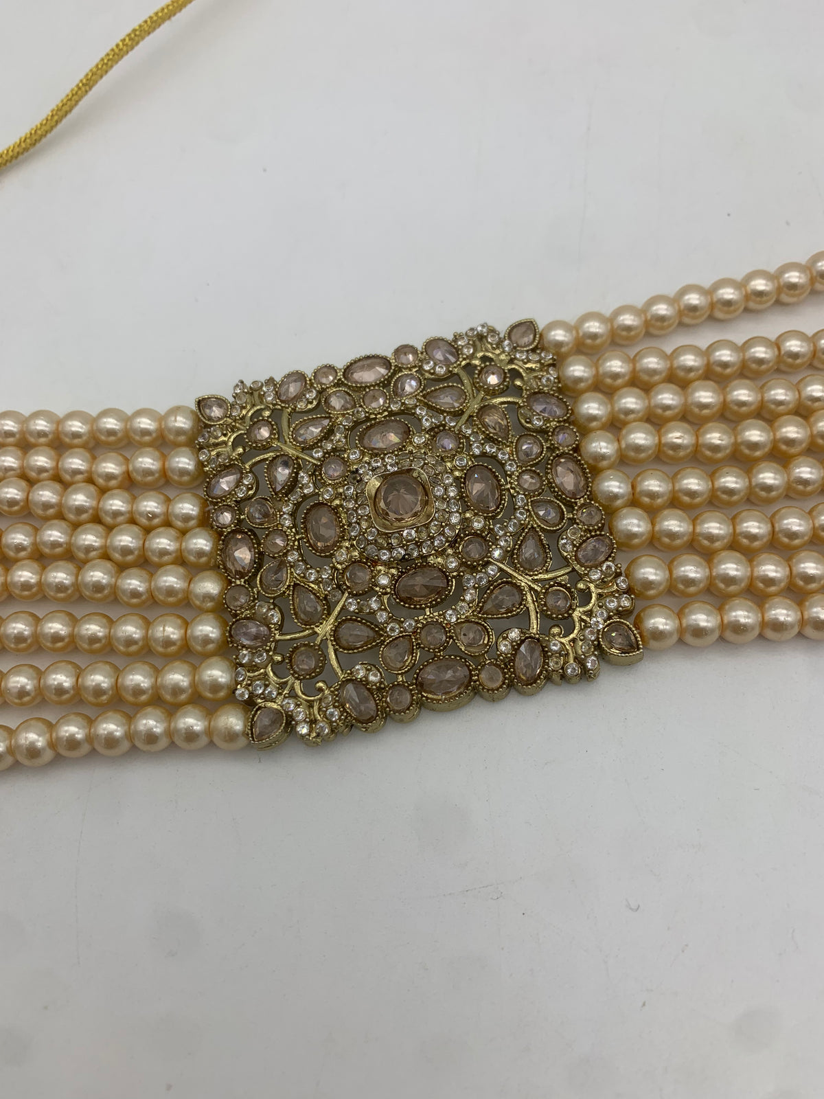 AM009 Full Gold/champagne pearl choker set with earrings and tikka