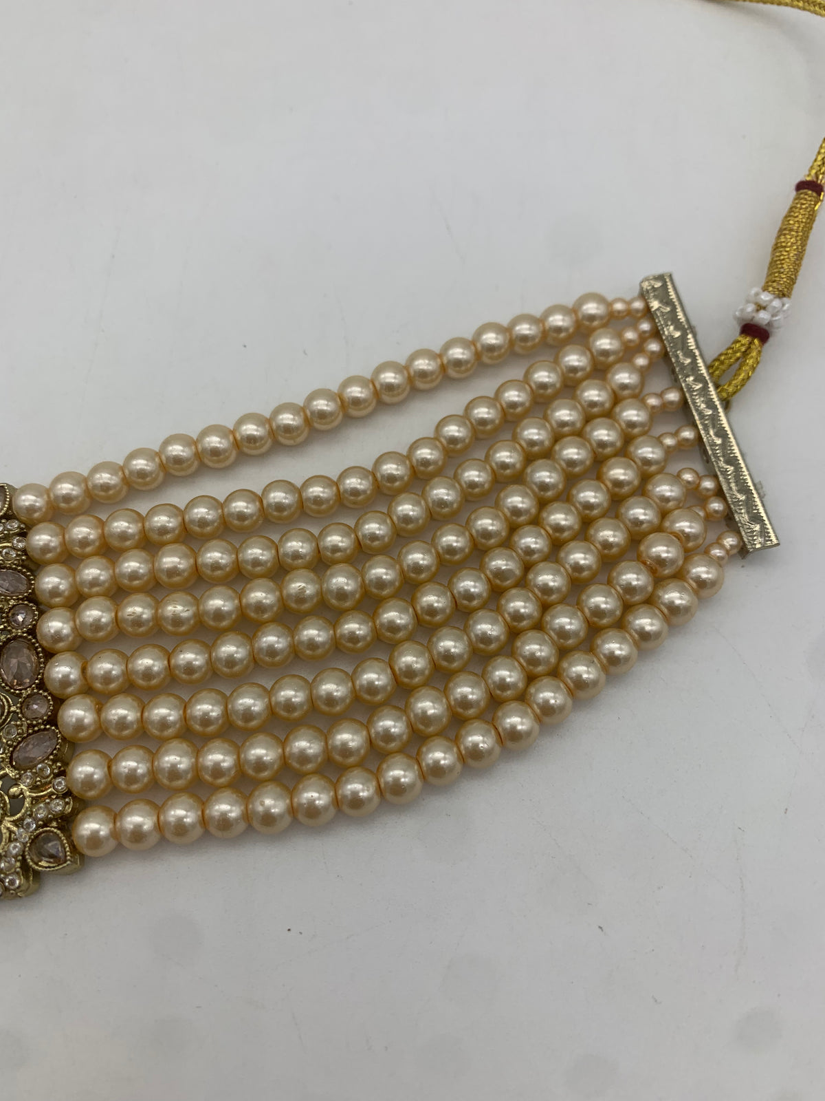 AM009 Full Gold/champagne pearl choker set with earrings and tikka
