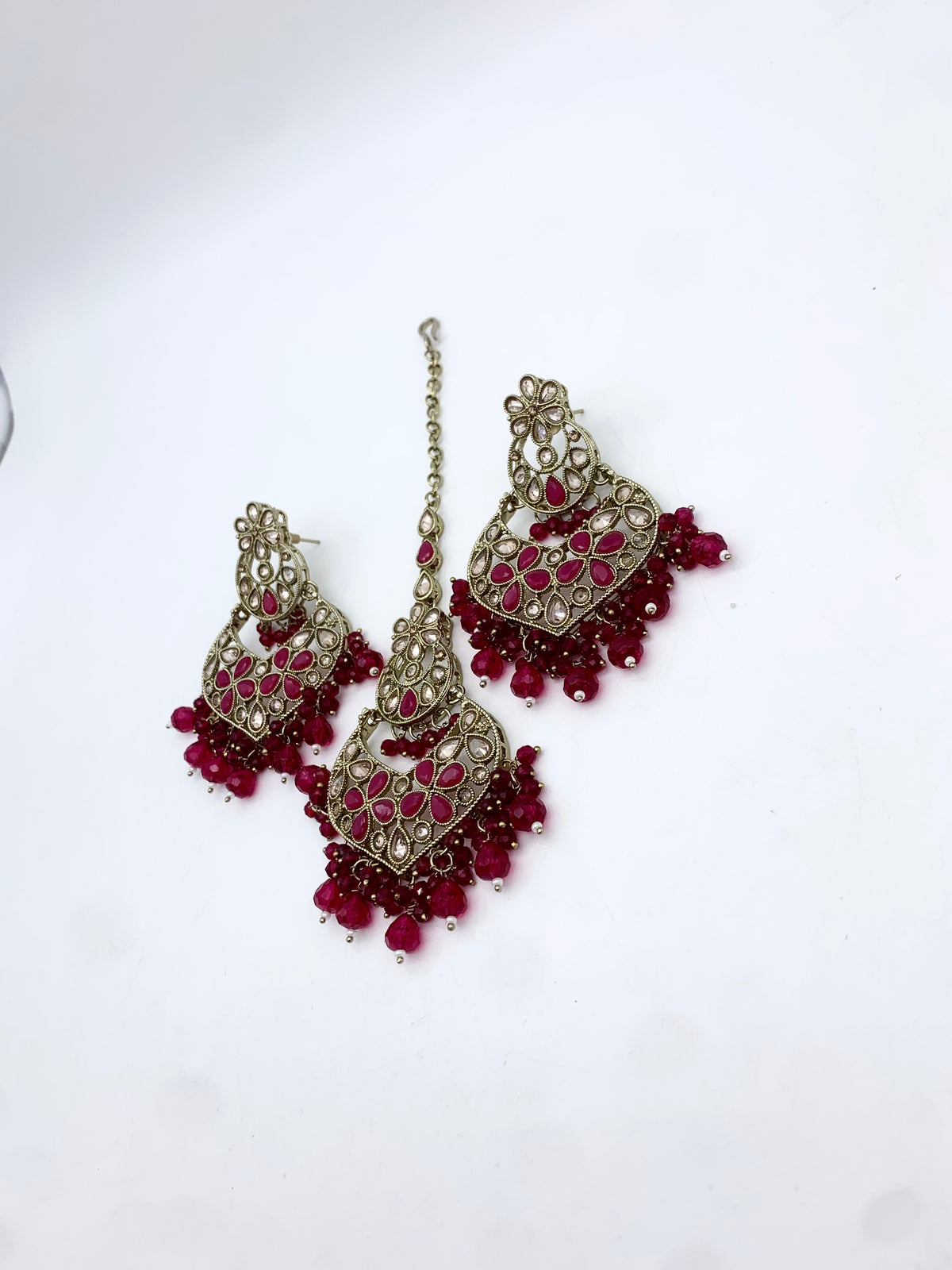 AM600 Gold and Pink Earrings and tikka set Polki