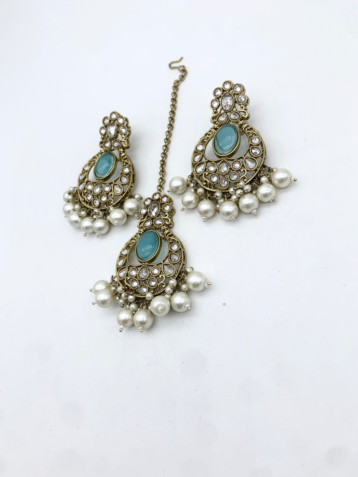 AM601 Gold and Blue earring and tikka set Polki