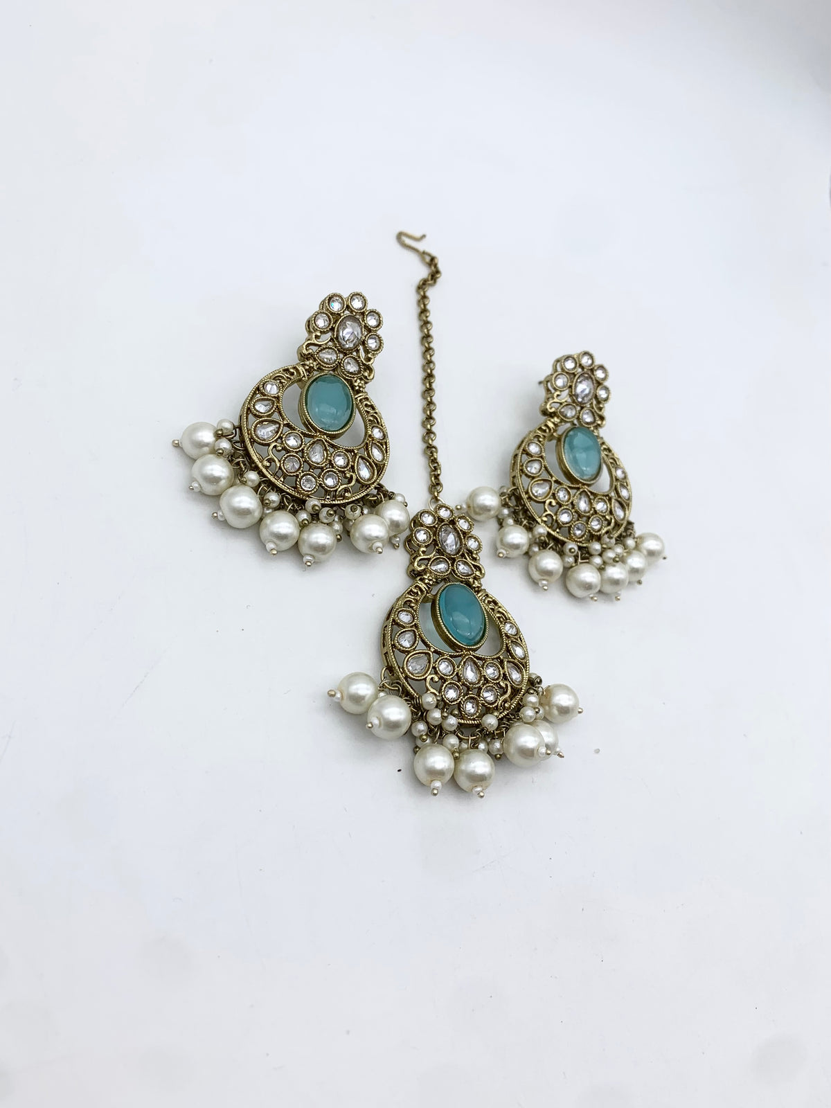 AM601 Gold and Blue earring and tikka set Polki