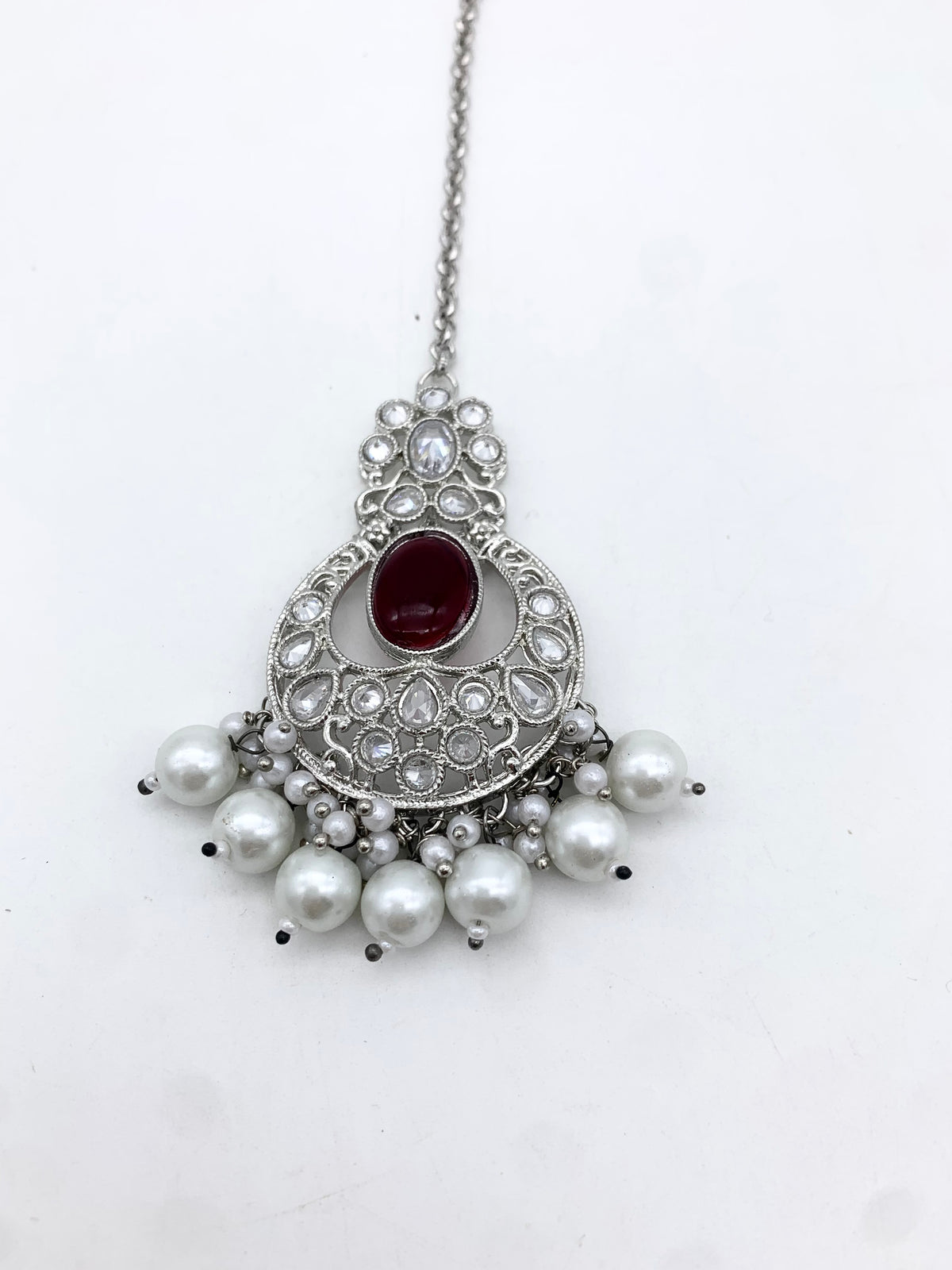 AM601 Silver and Maroon Earring and tikka set Polki