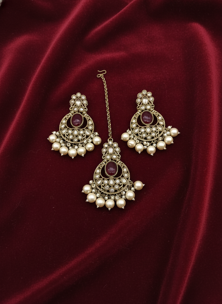 AM601 Gold and Maroon earring and tikka set Polki