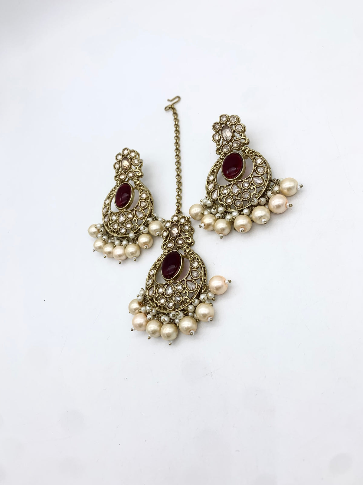 AM601 Gold and Maroon earring and tikka set Polki