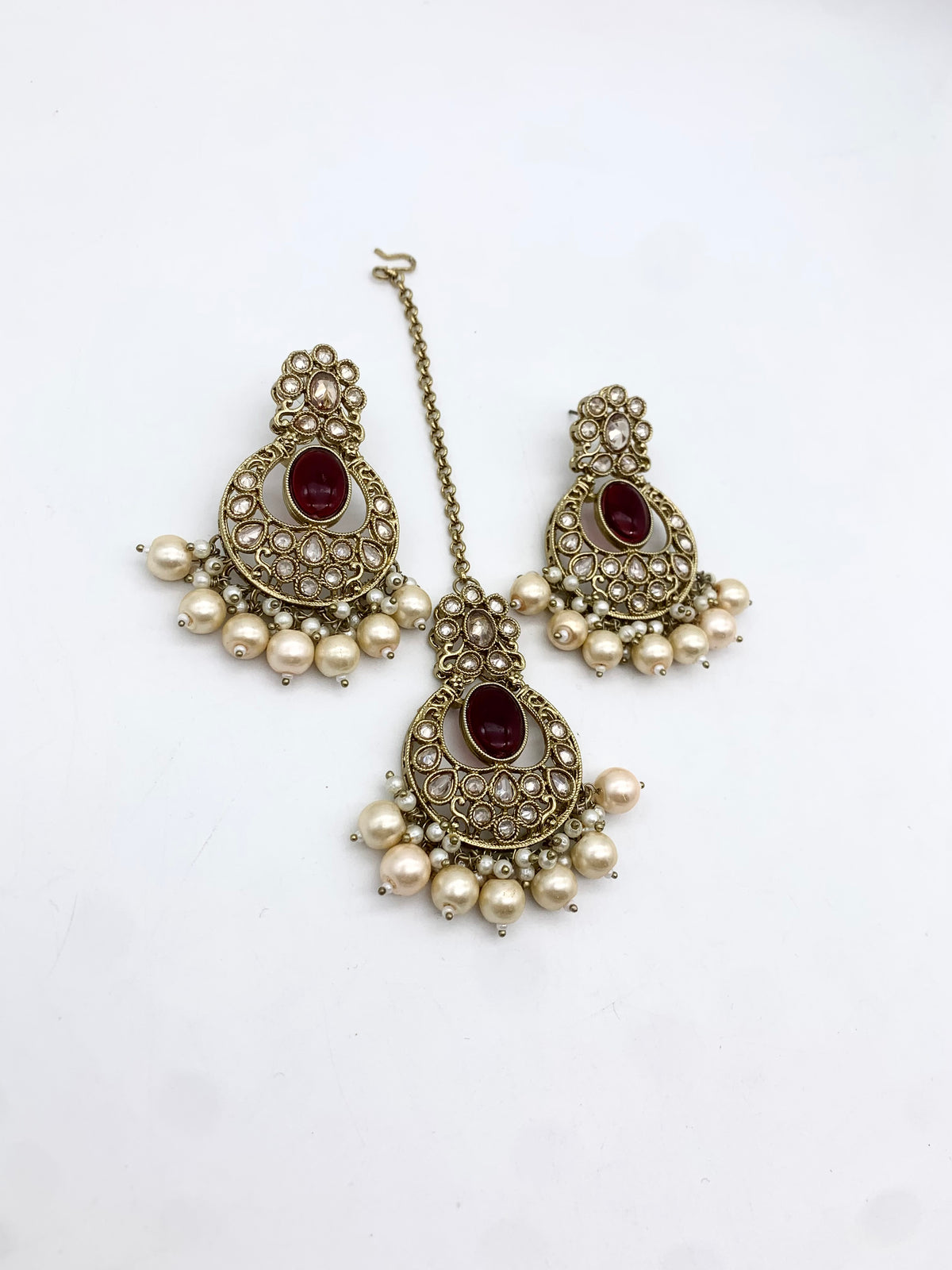 AM601 Gold and Maroon earring and tikka set Polki