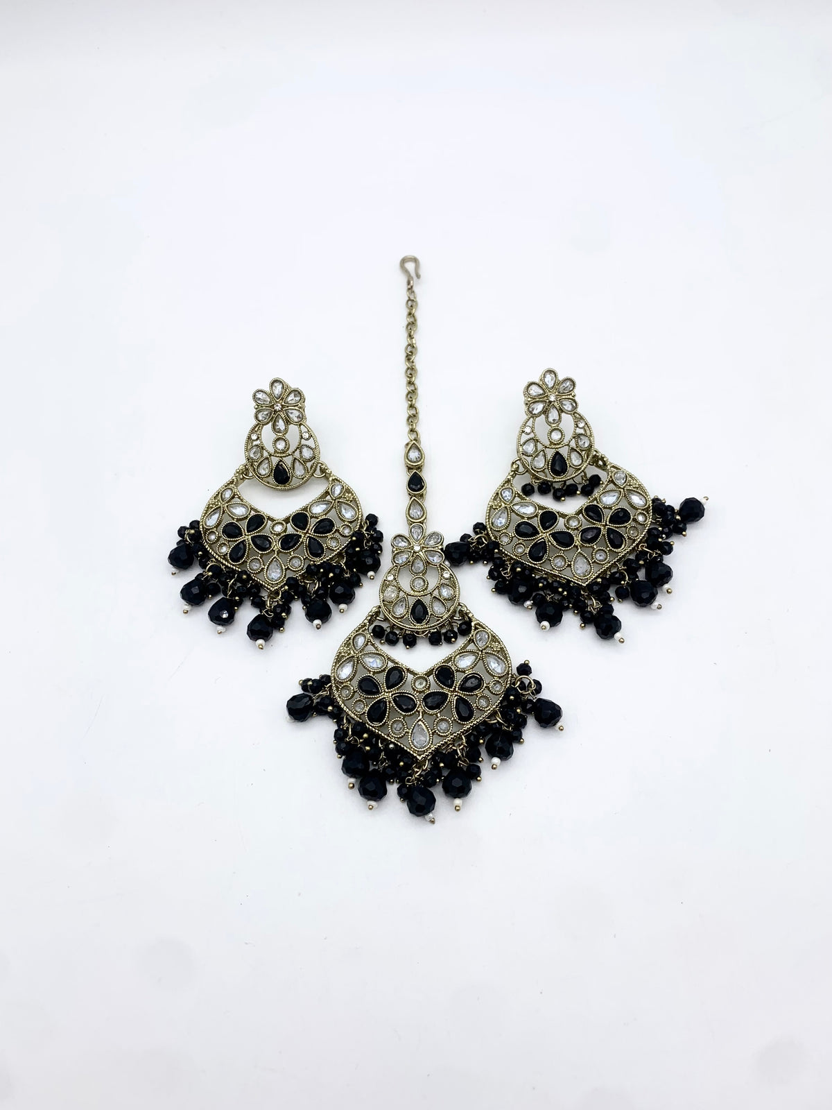 AM600 Gold and Black earring and tikka set Polki