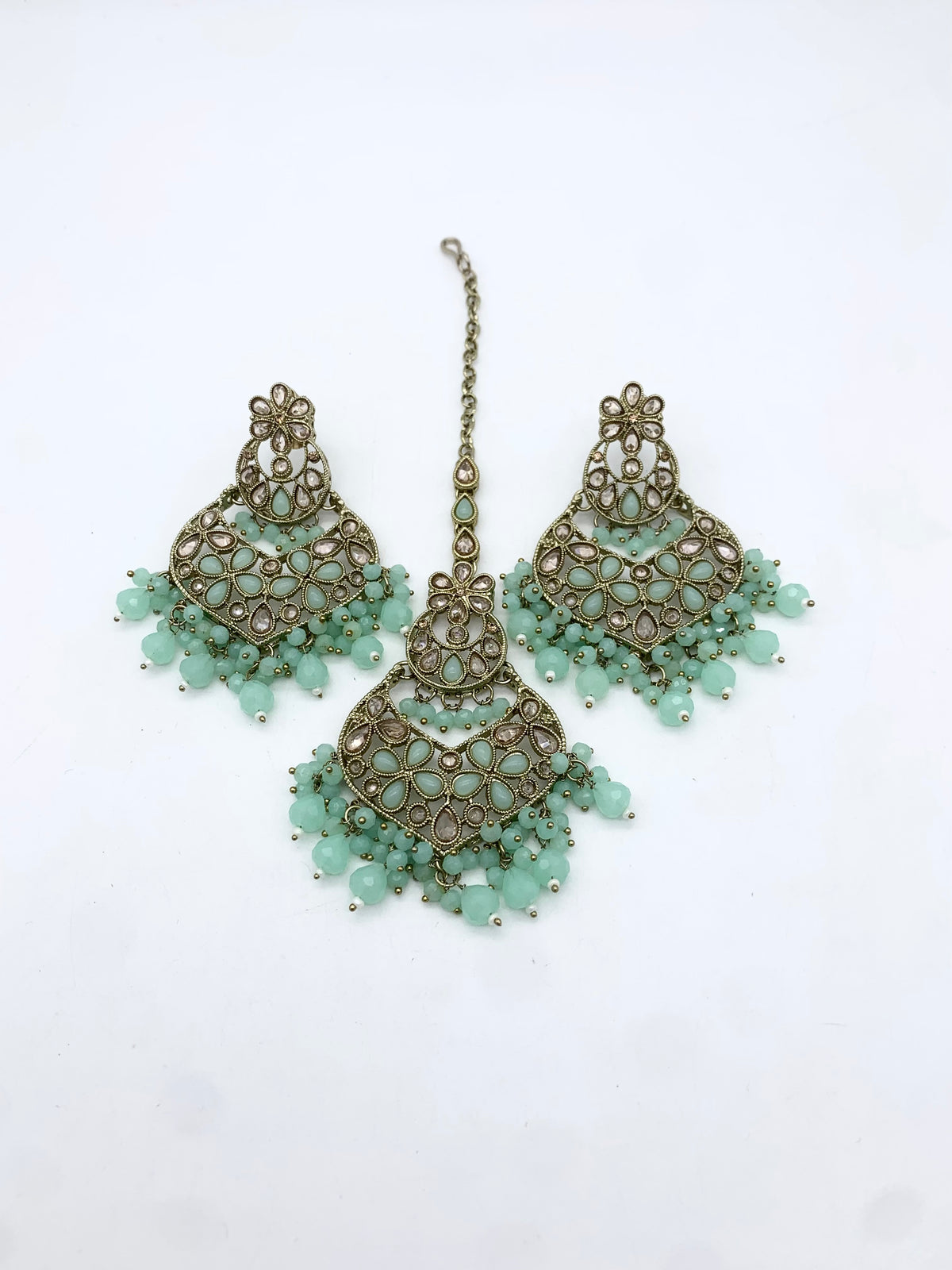 AM600 Gold and Mint earring and tikka set Polki