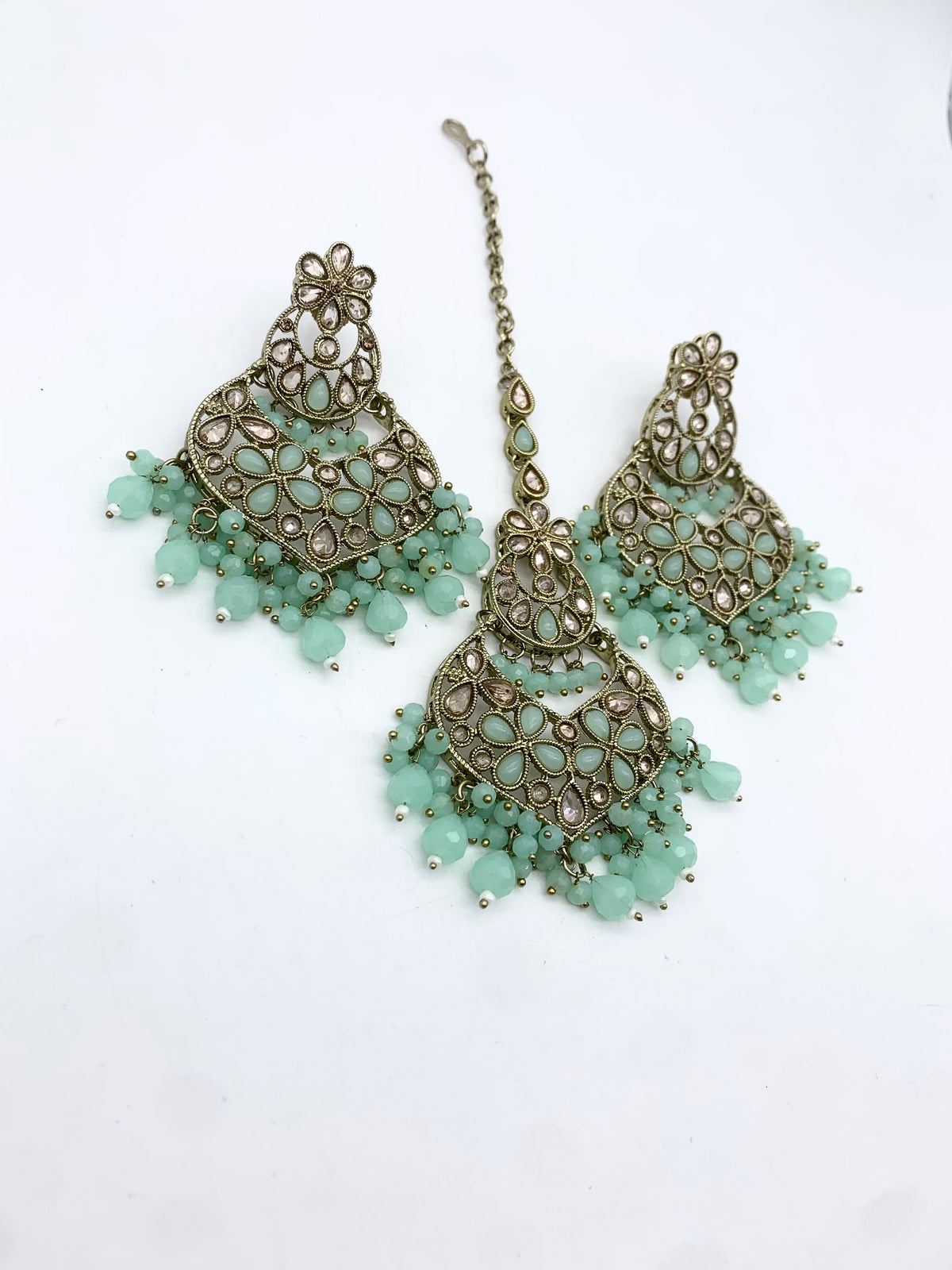 AM600 Gold and Mint earring and tikka set Polki