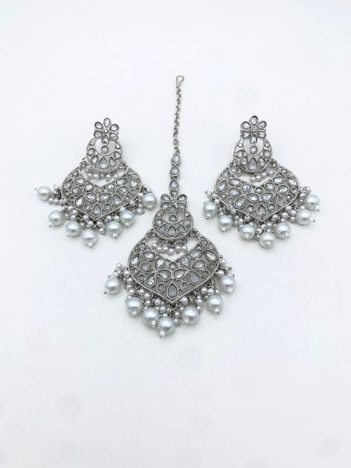 AM 600 Silver earring and tikka set polki
