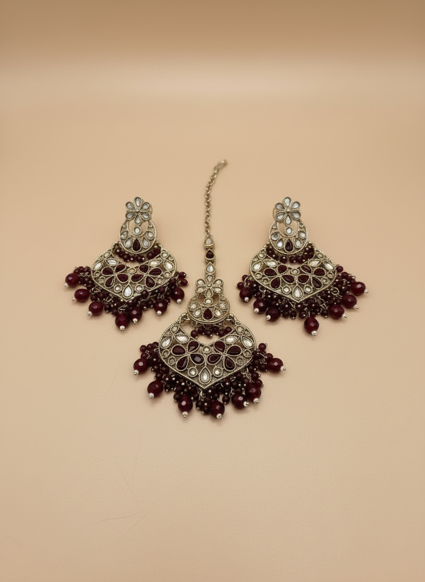 AM600 Gold and Maroon earrings and tikka set