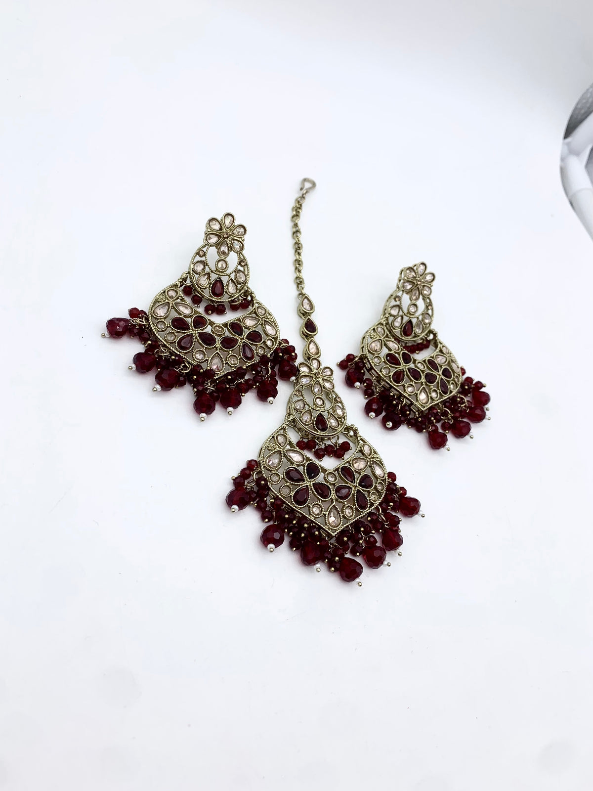 AM600 Gold and Maroon earrings and tikka set
