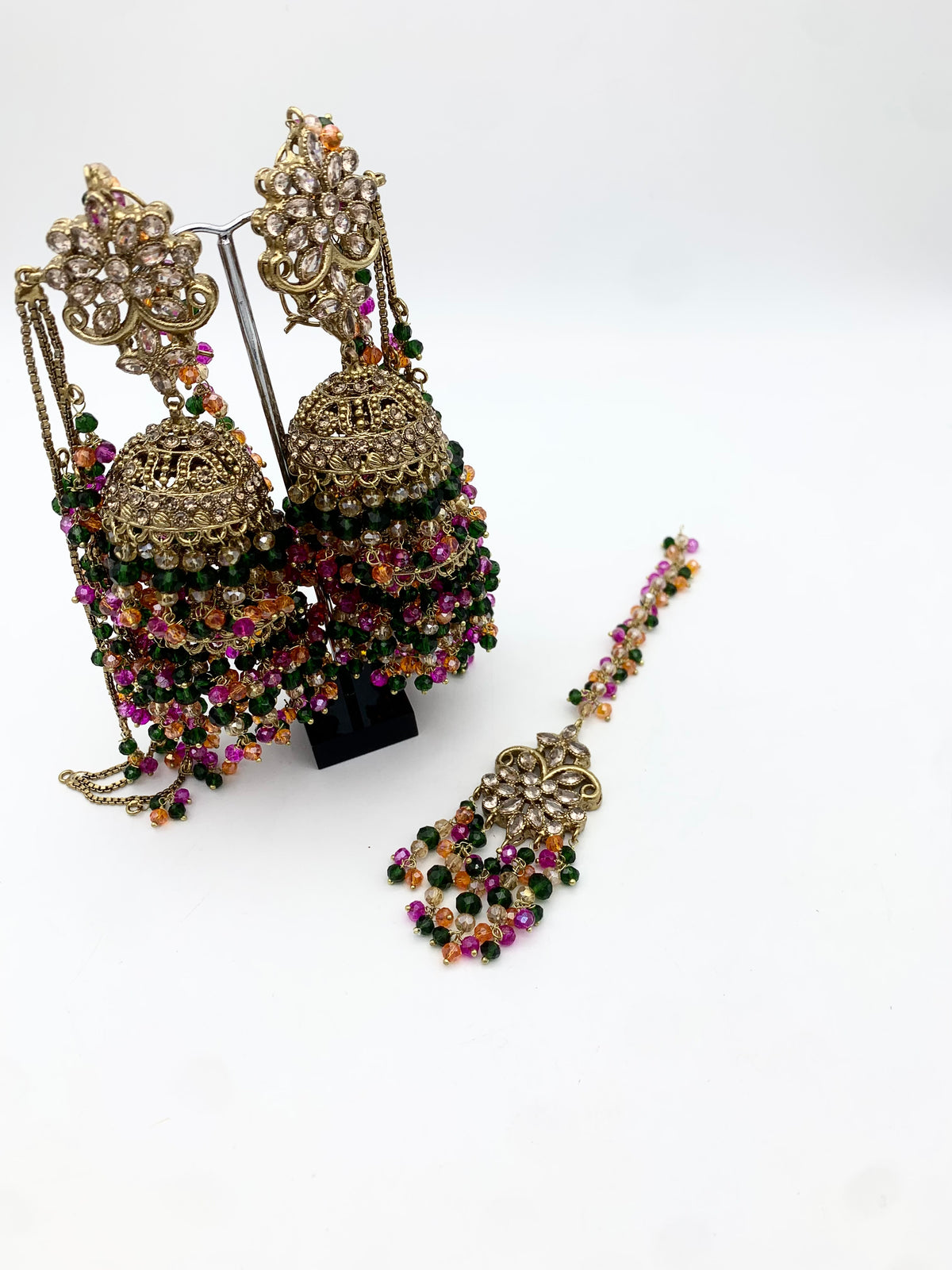 AM604 Gold and Multicolour earrings and tikka set Polki and crystal