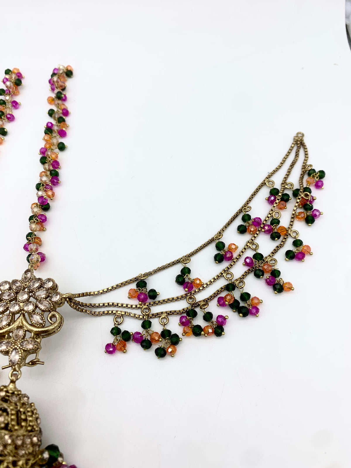 AM604 Gold and Multicolour earrings and tikka set Polki and crystal