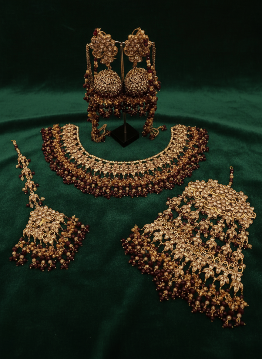 AM9025 Gold and Maroon bridal necklace set Polki